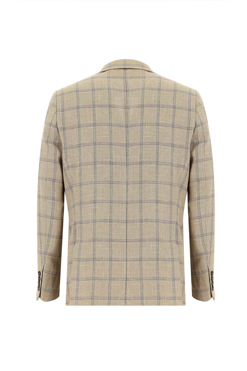 Koyu Bej Regular Fit Ekose Keten Ceket