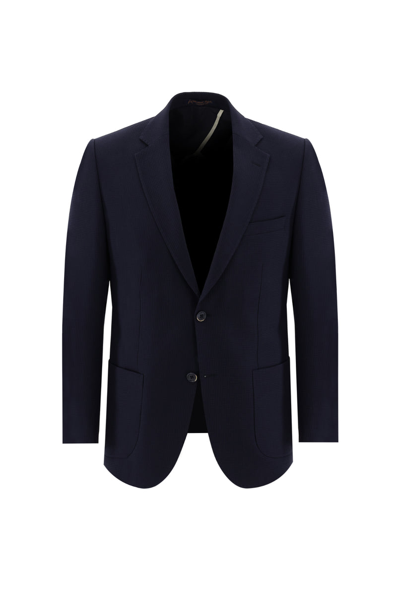 Koyu Lacivert Relaxed Fit Rahat Kesim Yünlü Desenli Ceket