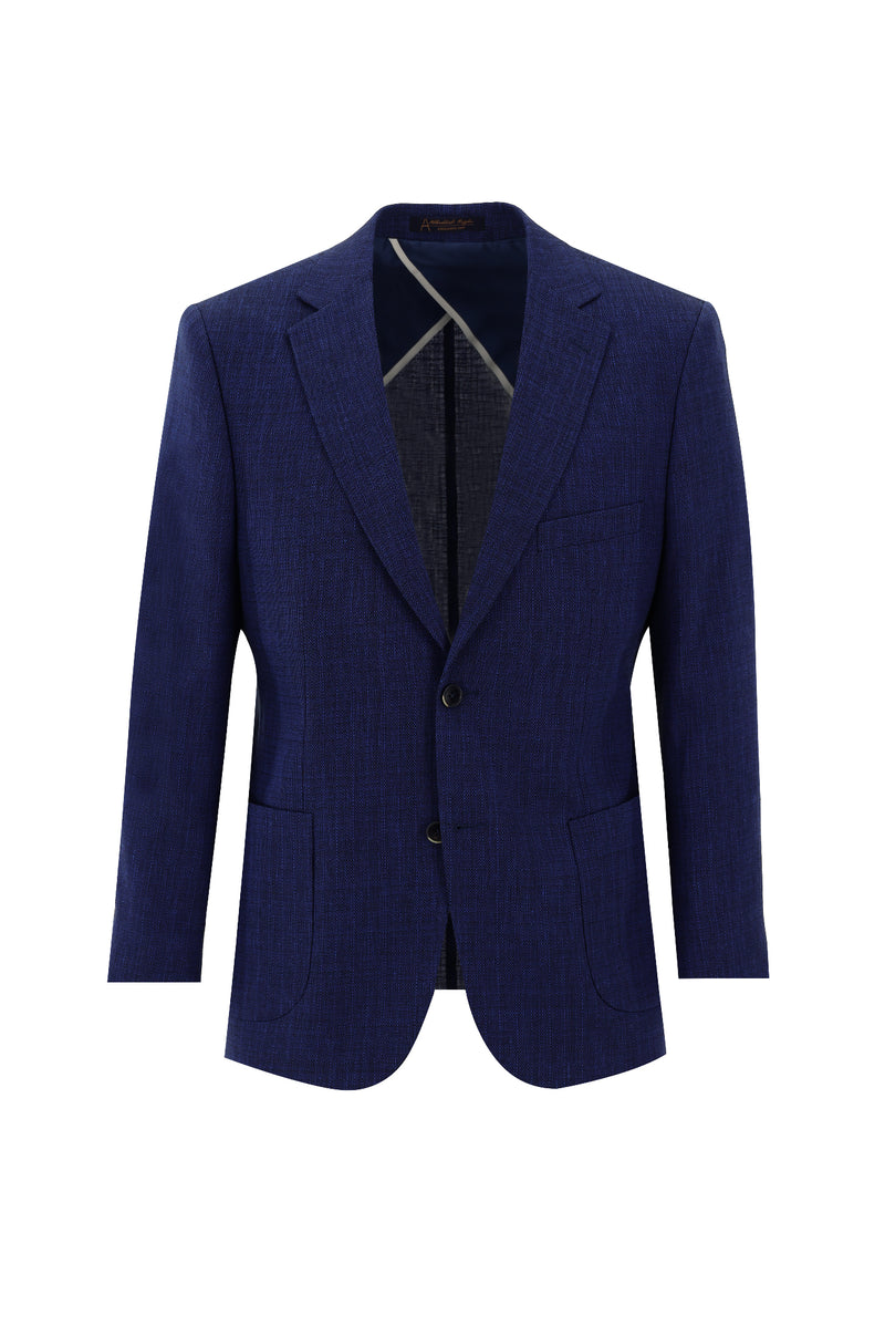 Saks Mavi Relax Fit Rahat Kesim Desenli Keten Ceket