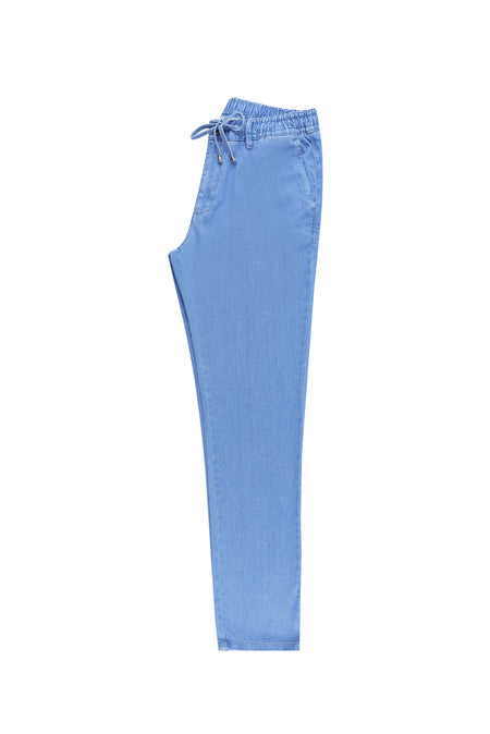 Gök Mavisi Slim Fit Dar Kesim Beli Lastikli İpli Likralı Pantolon