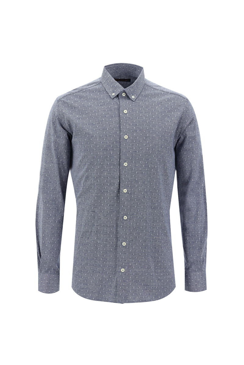 Aqua Mavisi Uzun Kol Slim Fit Dar Kesim Desenli Spor Pamuk Gömlek