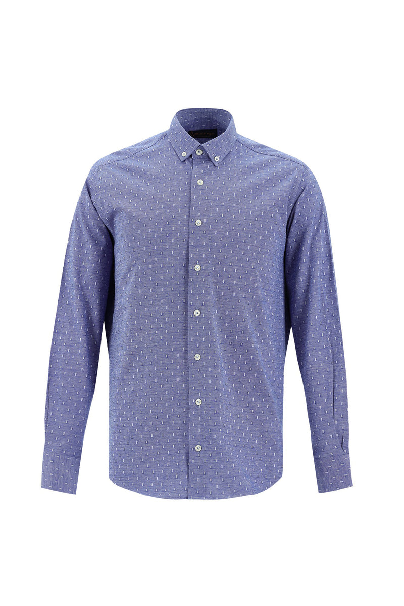 Koyu Mavi  Uzun Kol Slim Fit Dar Kesim Desenli Spor Pamuk Gömlek