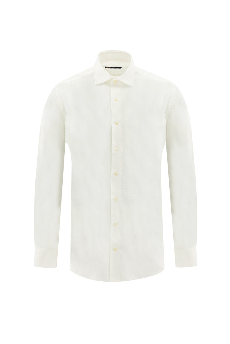 Beyaz Uzun Kol Regular Fit Keten Gömlek