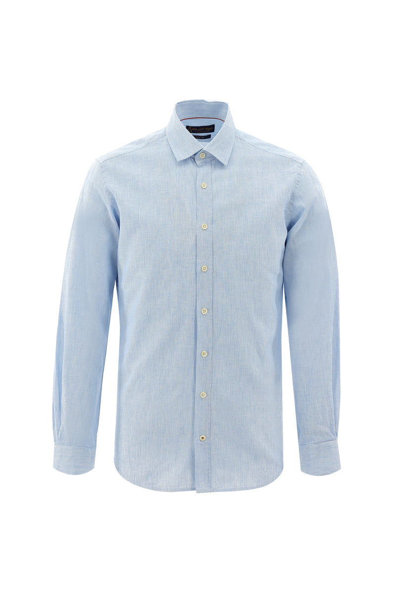 Açık Mavi Uzun Kol Slim Fit Dar Kesim Desenli Keten Gömlek