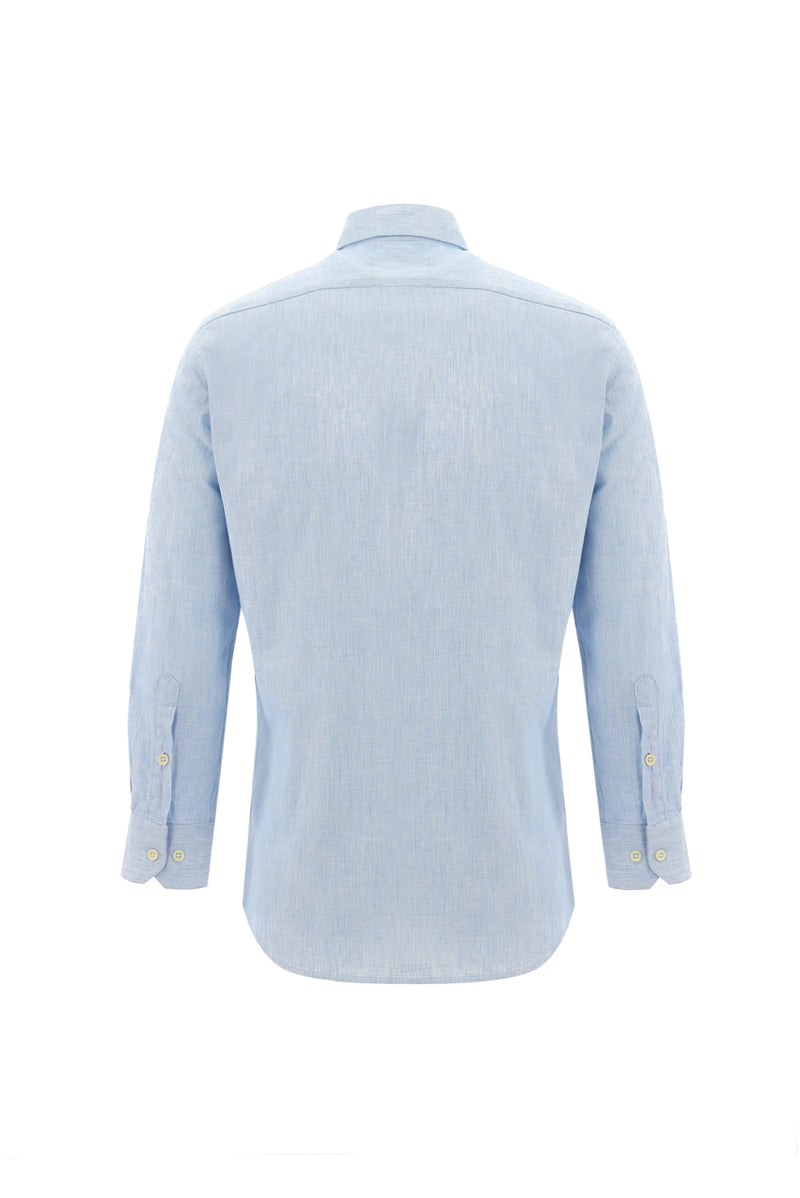 Açık Mavi Uzun Kol Slim Fit Dar Kesim Desenli Keten Gömlek