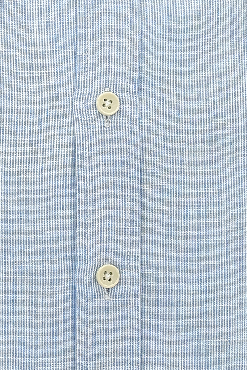 Açık Mavi Uzun Kol Slim Fit Dar Kesim Desenli Keten Gömlek