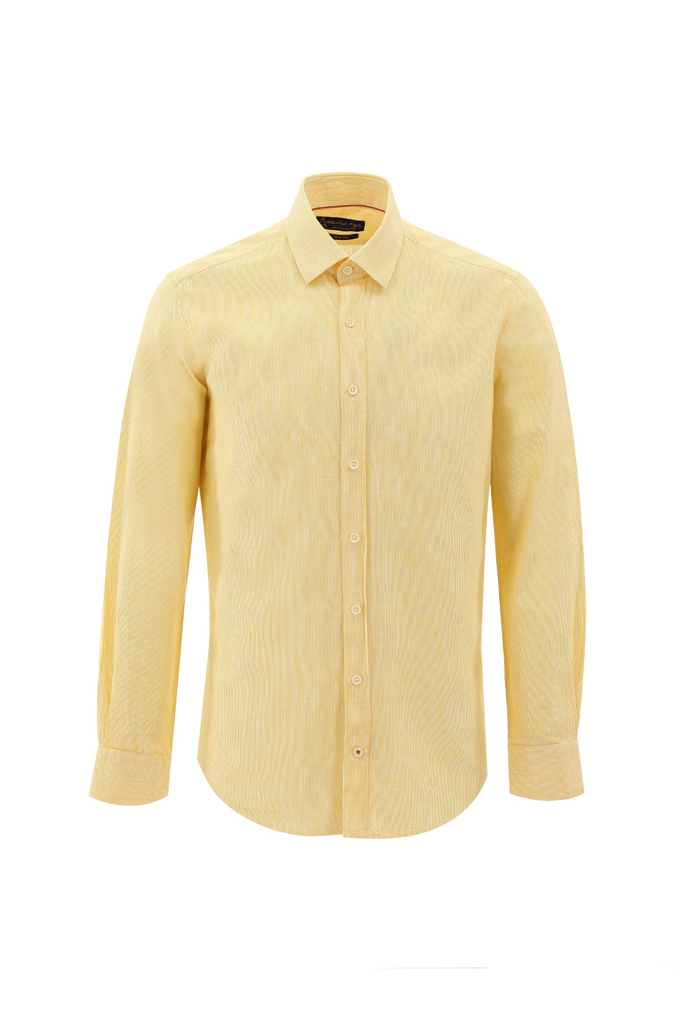 Limon Sarı Uzun Kol Slim Fit Dar Kesim Desenli Pamuklu Keten Gömlek