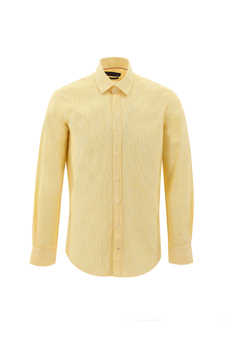 Limon Sarı Uzun Kol Slim Fit Dar Kesim Desenli Pamuklu Keten Gömlek