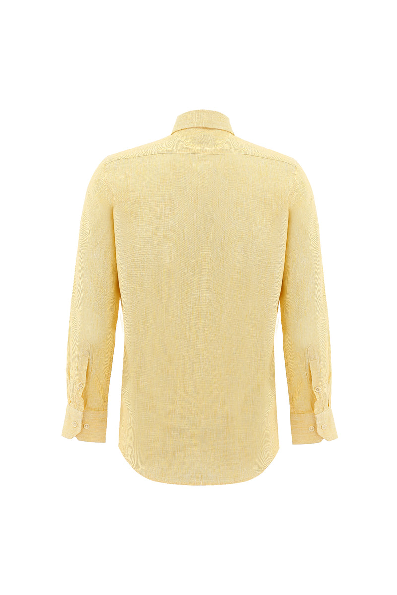 Limon Sar? Uzun Kol Slim Fit Dar Kesim Desenli Pamuklu Keten Gömlek-Abdullah Ki??l?