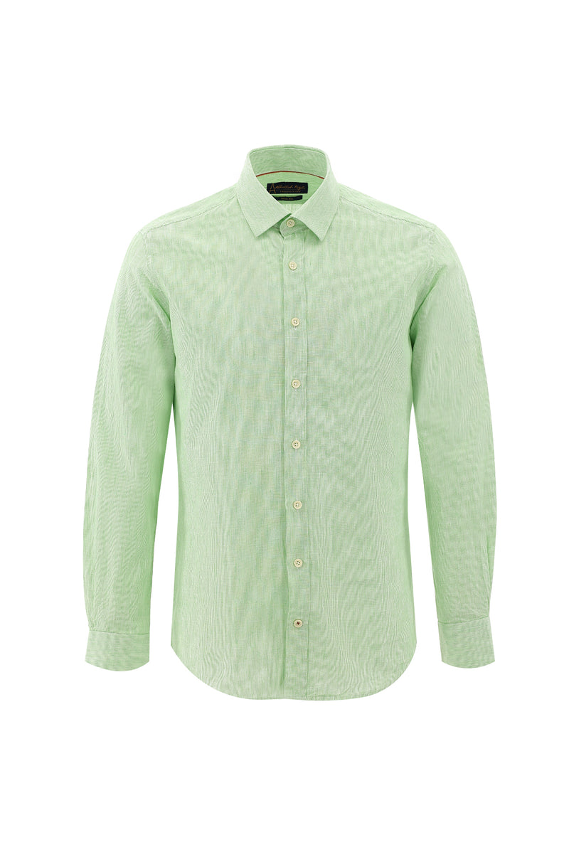 Mint Yeşili Uzun Kol Slim Fit Dar Kesim Desenli Pamuklu Keten Karışımlı Gömlek