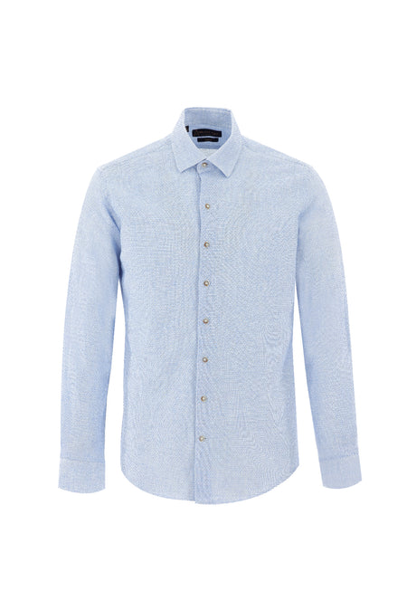 Uçuk Mavi Uzun Kol Slim Fit Dar Kesim Desenli Keten Gömlek