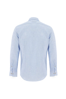 Uçuk Mavi Uzun Kol Slim Fit Dar Kesim Desenli Keten Gömlek