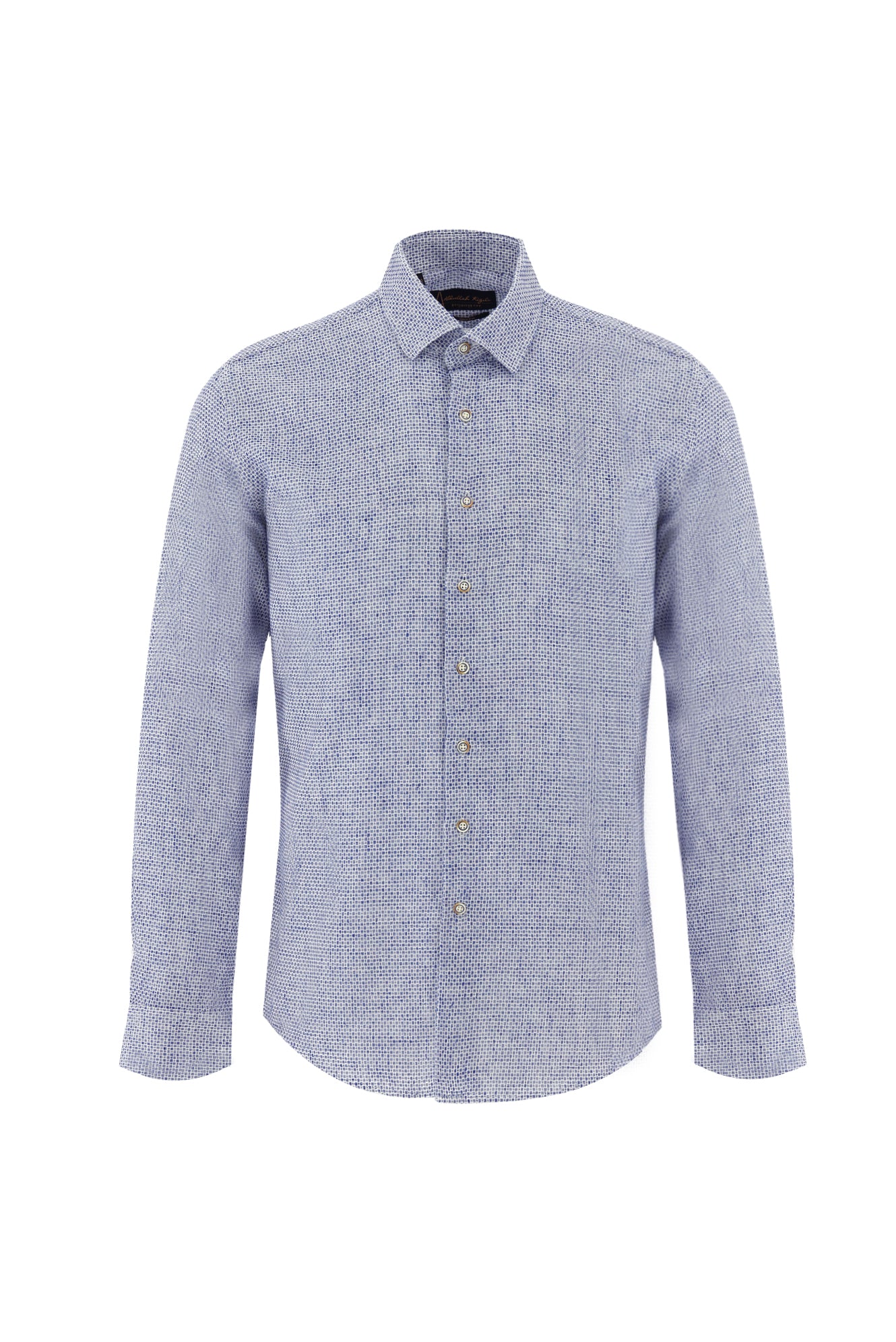 Mavi Uzun Kol Slim Fit Dar Kesim Desenli Pamuklu Keten Gömlek