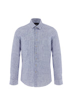 Mavi Uzun Kol Slim Fit Dar Kesim Desenli Pamuklu Keten Gömlek