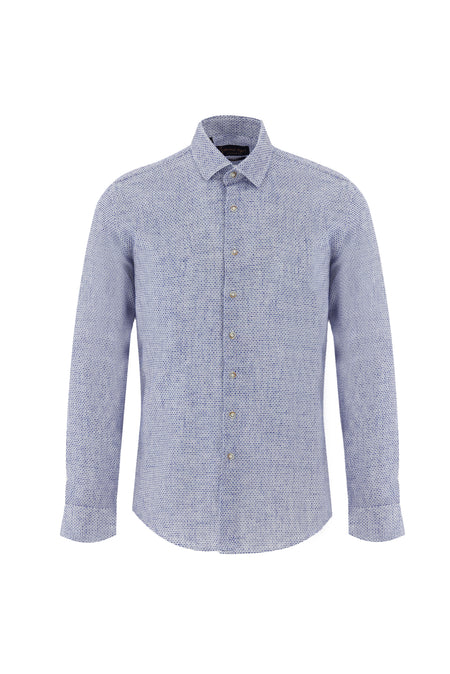 Mavi Uzun Kol Slim Fit Dar Kesim Desenli Pamuklu Keten Gömlek