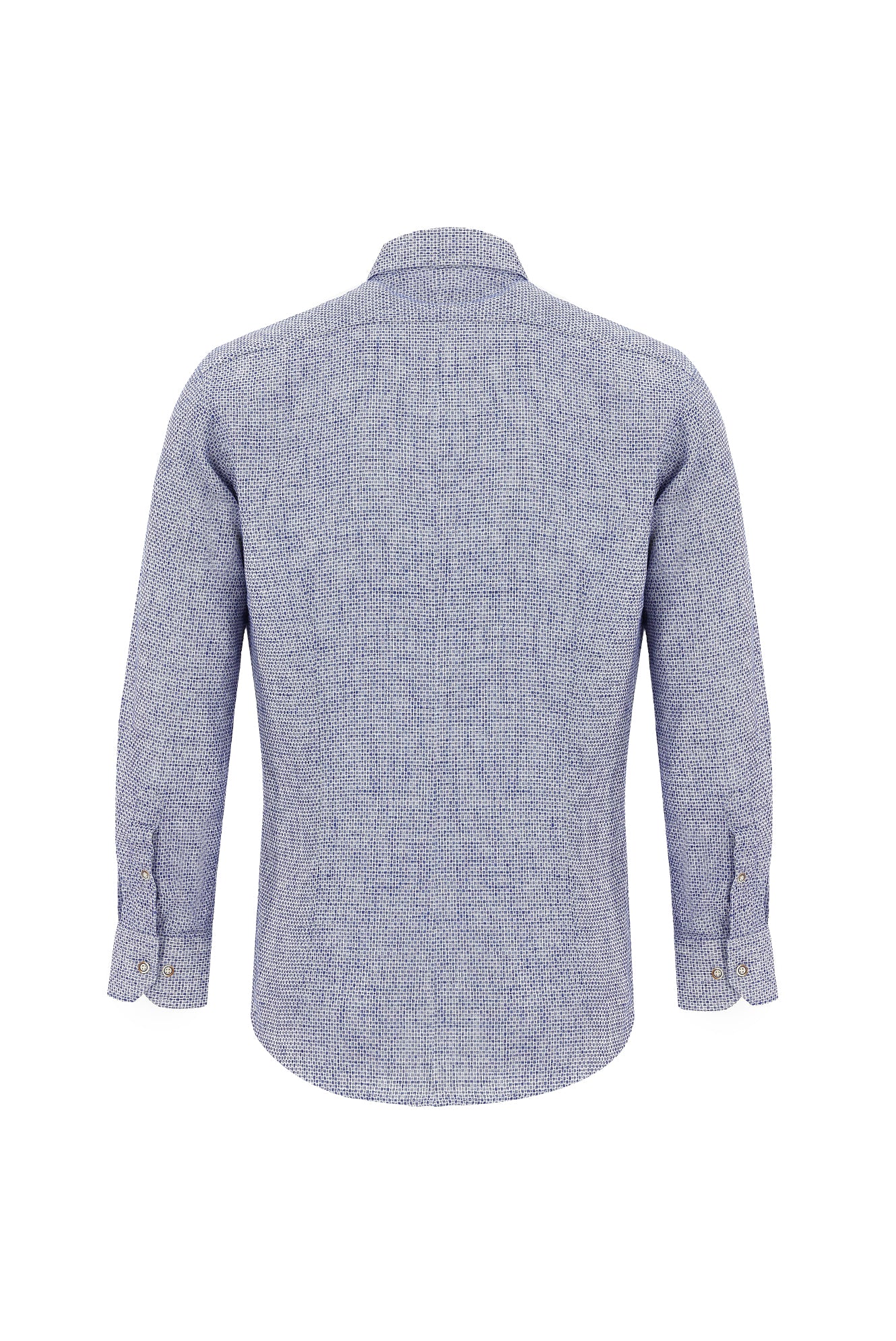 Mavi Uzun Kol Slim Fit Dar Kesim Desenli Pamuklu Keten Gömlek