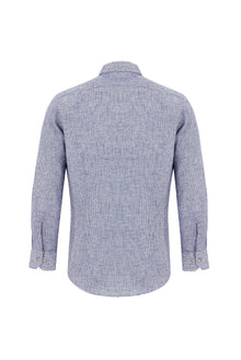 Mavi Uzun Kol Slim Fit Dar Kesim Desenli Pamuklu Keten Gömlek