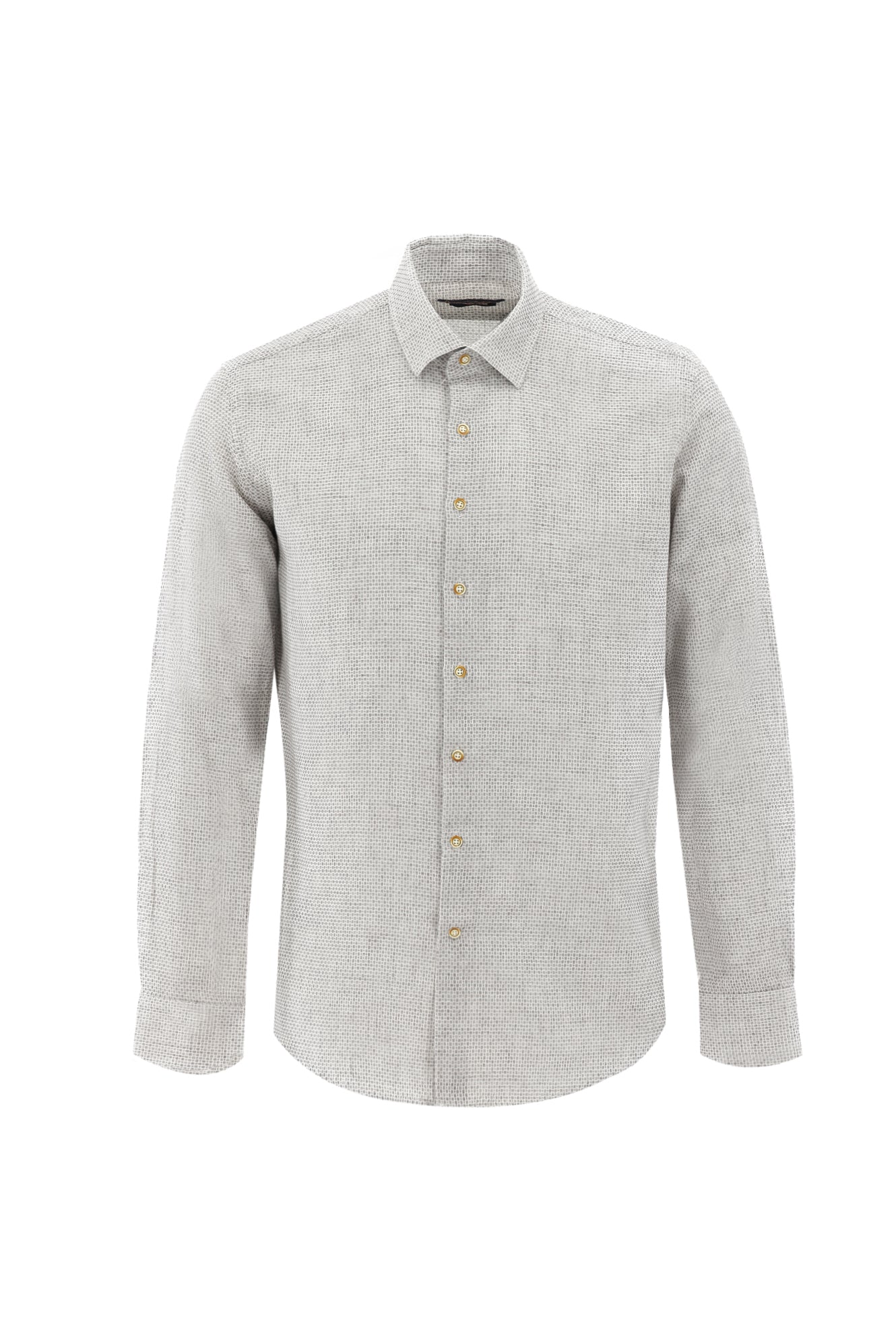 Koyu Bej Uzun Kol Slim Fit Dar Kesim Desenli Keten Karışımlı Gömlek