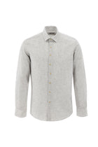 Koyu Bej Uzun Kol Slim Fit Dar Kesim Desenli Keten Karışımlı Gömlek