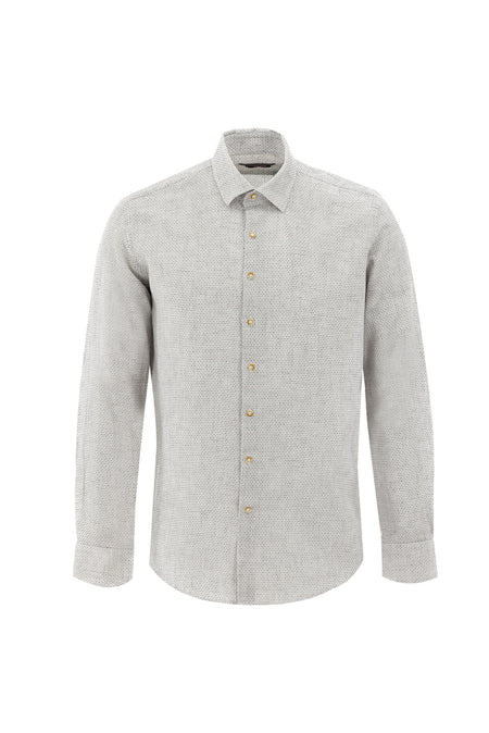 Koyu Bej Uzun Kol Slim Fit Dar Kesim Desenli Keten Karışımlı Gömlek