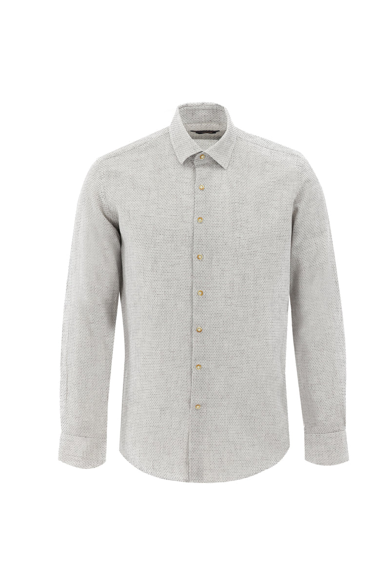 Koyu Bej Uzun Kol Slim Fit Dar Kesim Desenli Keten Karışımlı Gömlek