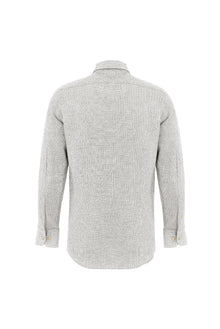 Koyu Bej Uzun Kol Slim Fit Dar Kesim Desenli Keten Karışımlı Gömlek