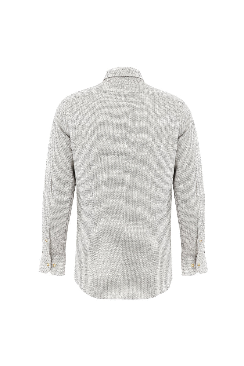 Koyu Bej Uzun Kol Slim Fit Dar Kesim Desenli Keten Karışımlı Gömlek