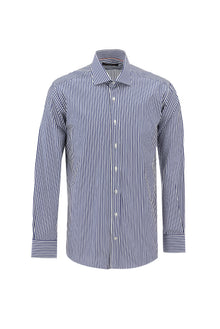 Koyu Lacivert Uzun Kol Regular Fit Çizgili Pamuk Gömlek