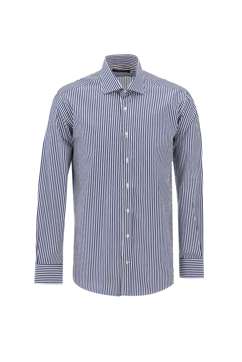Koyu Lacivert Uzun Kol Regular Fit Çizgili Pamuk Gömlek