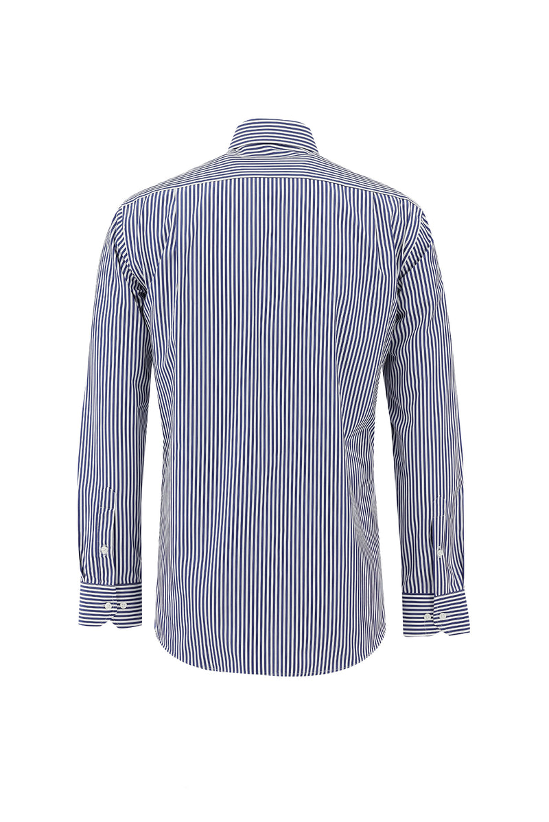 Koyu Lacivert Uzun Kol Regular Fit Çizgili Pamuk Gömlek