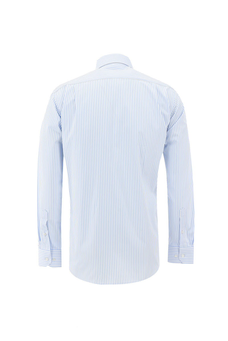 Açık Mavi Uzun Kol Regular Fit Çizgili Pamuk Gömlek