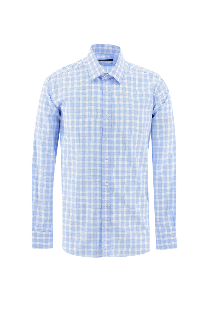 Açık Mavi Uzun Kol Regular Fit Ekose Pamuk Gömlek
