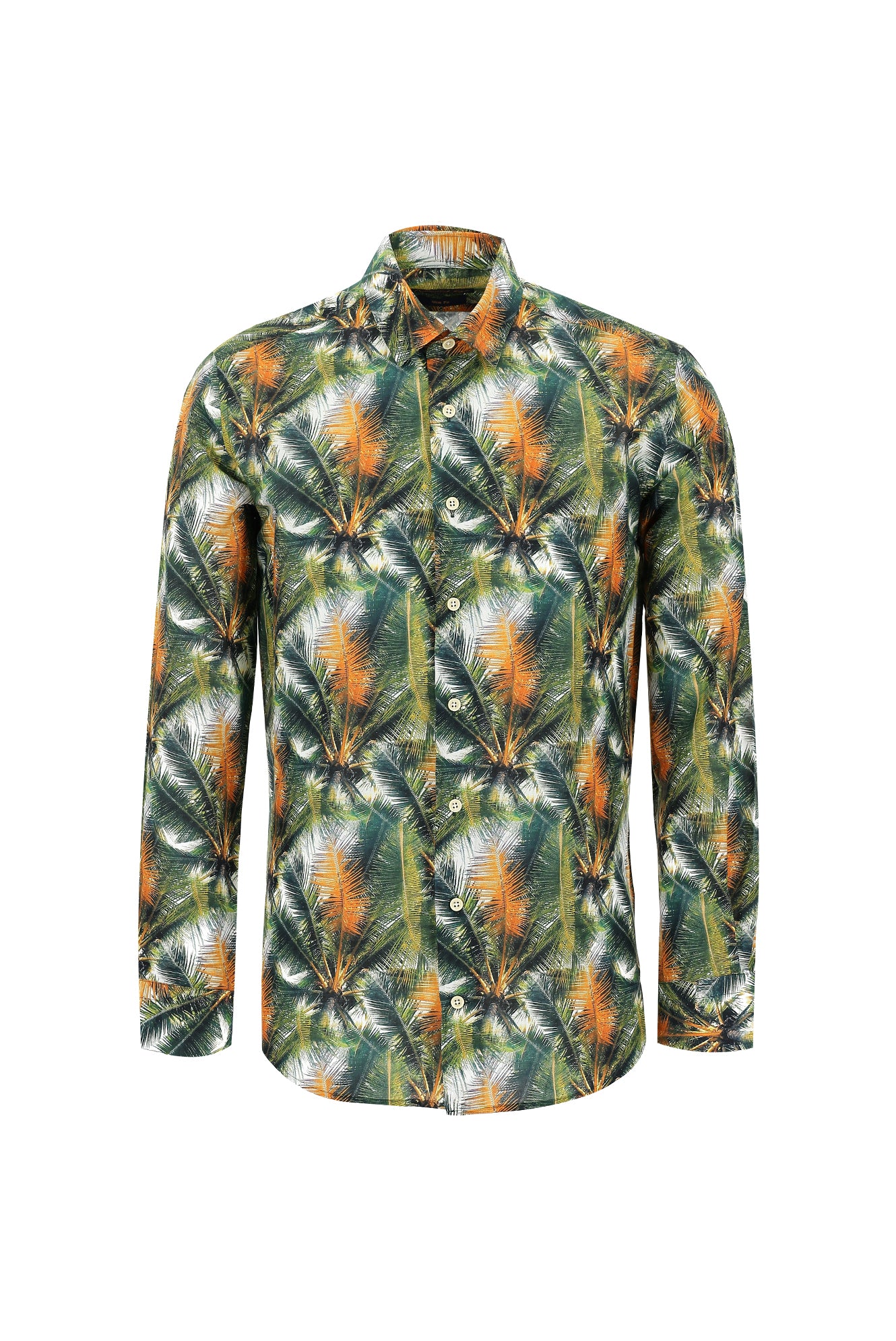 Çimen Yeşili Uzun Kol Slim Fit Dar Kesim Baskılı Pamuk Gömlek