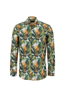 Çimen Yeşili Uzun Kol Slim Fit Dar Kesim Baskılı Pamuk Gömlek