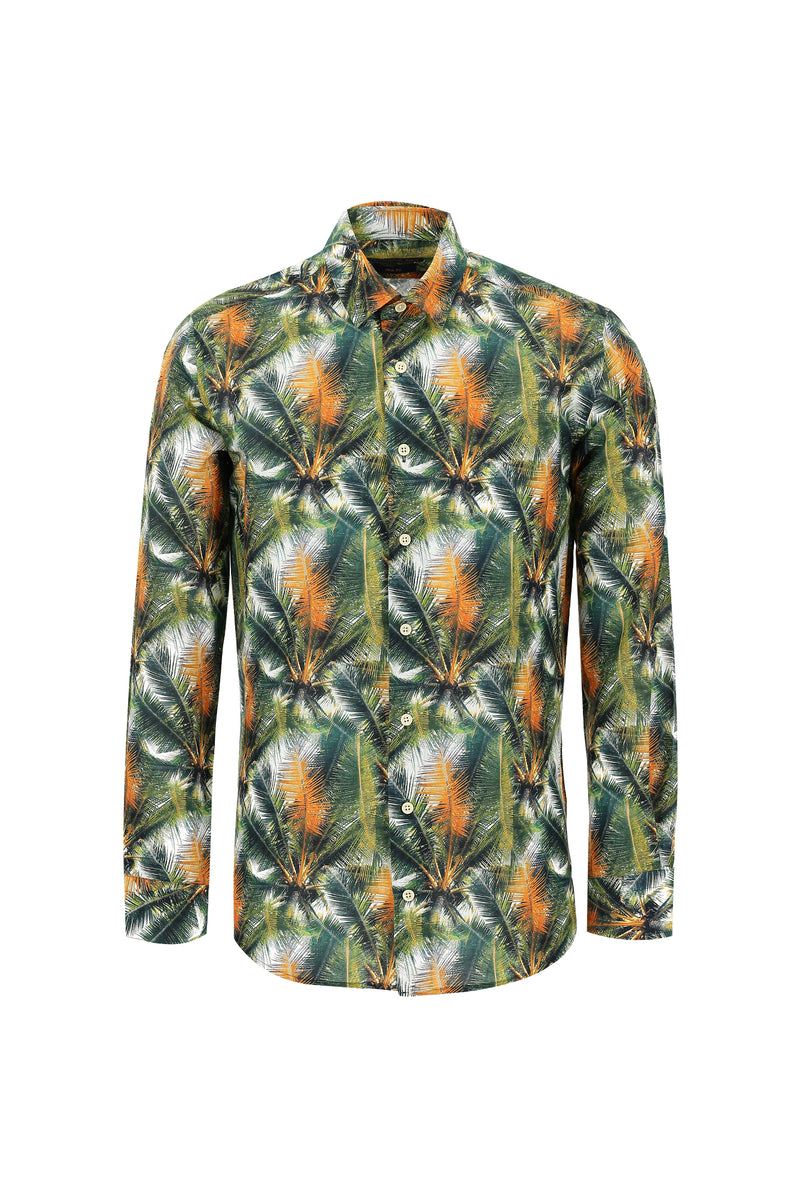 Çimen Yeşili Uzun Kol Slim Fit Dar Kesim Baskılı Pamuk Gömlek