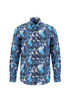 Orta Turkuaz Uzun Kol Slim Fit Dar Kesim Baskılı Pamuk Gömlek