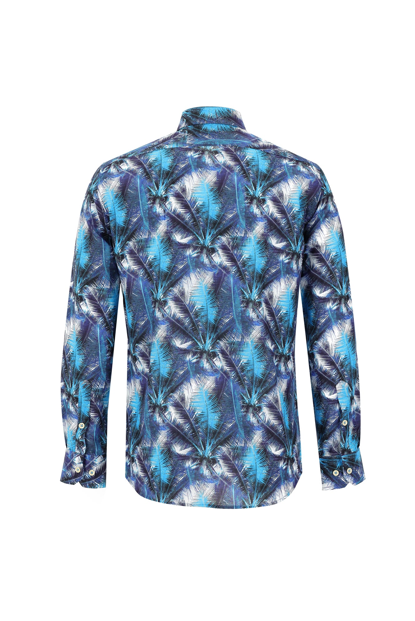 Orta Turkuaz Uzun Kol Slim Fit Dar Kesim Baskılı Pamuk Gömlek