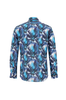 Orta Turkuaz Uzun Kol Slim Fit Dar Kesim Baskılı Pamuk Gömlek