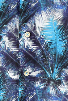 Orta Turkuaz Uzun Kol Slim Fit Dar Kesim Baskılı Pamuk Gömlek