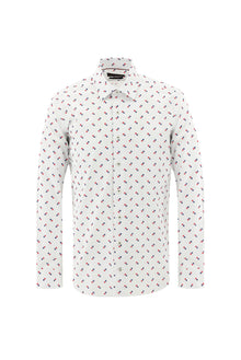 Beyaz Uzun Kol Slim Fit Dar Kesim Desenli Pamuk Gömlek