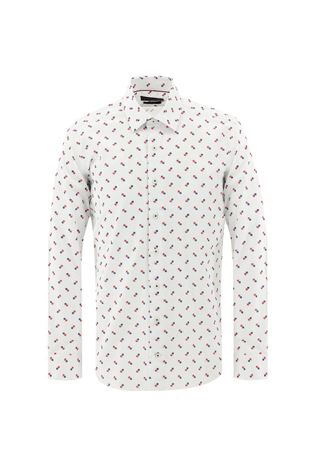 Beyaz Uzun Kol Slim Fit Dar Kesim Desenli Pamuk Gömlek