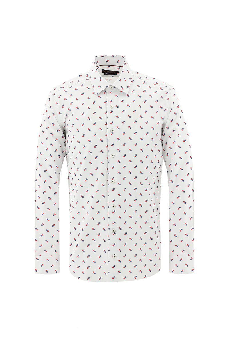 Beyaz Uzun Kol Slim Fit Dar Kesim Desenli Pamuk Gömlek