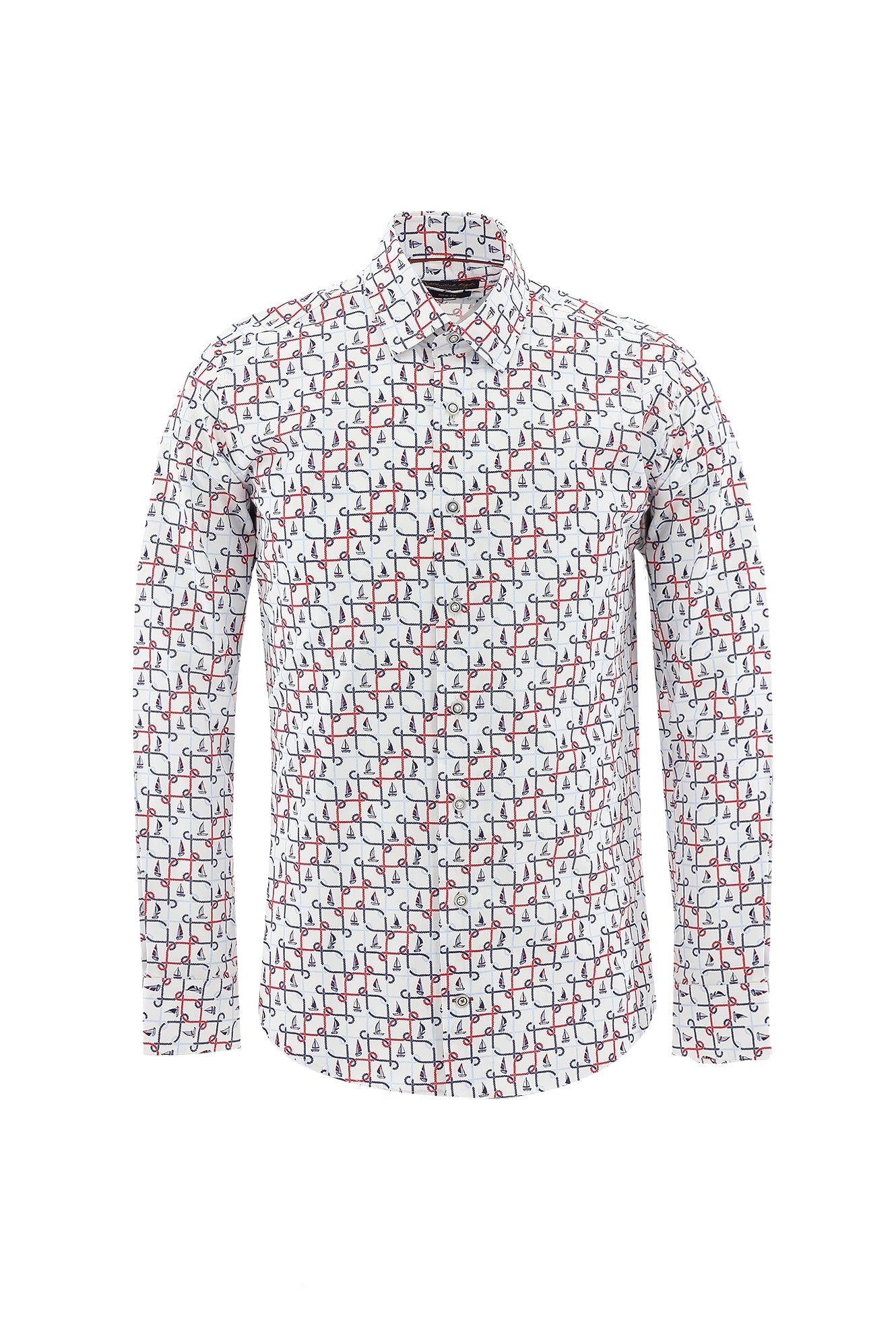 Beyaz Uzun Kol Baskılı Slim Fit Dar Kesim Pamuk Gömlek