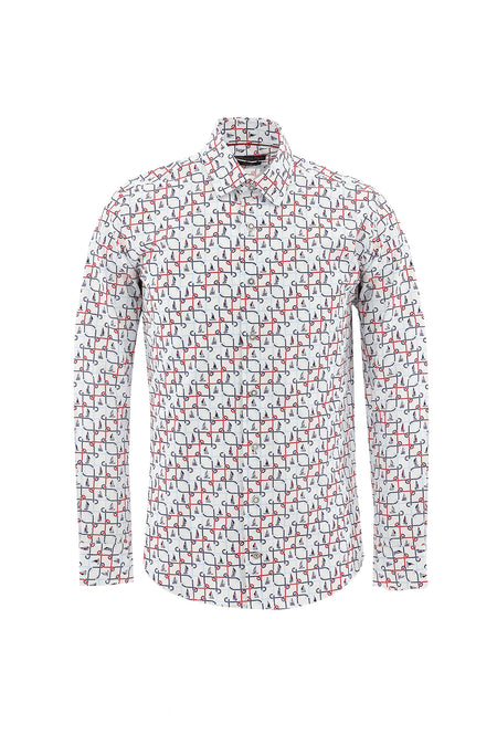 Beyaz Uzun Kol Baskılı Slim Fit Dar Kesim Pamuk Gömlek