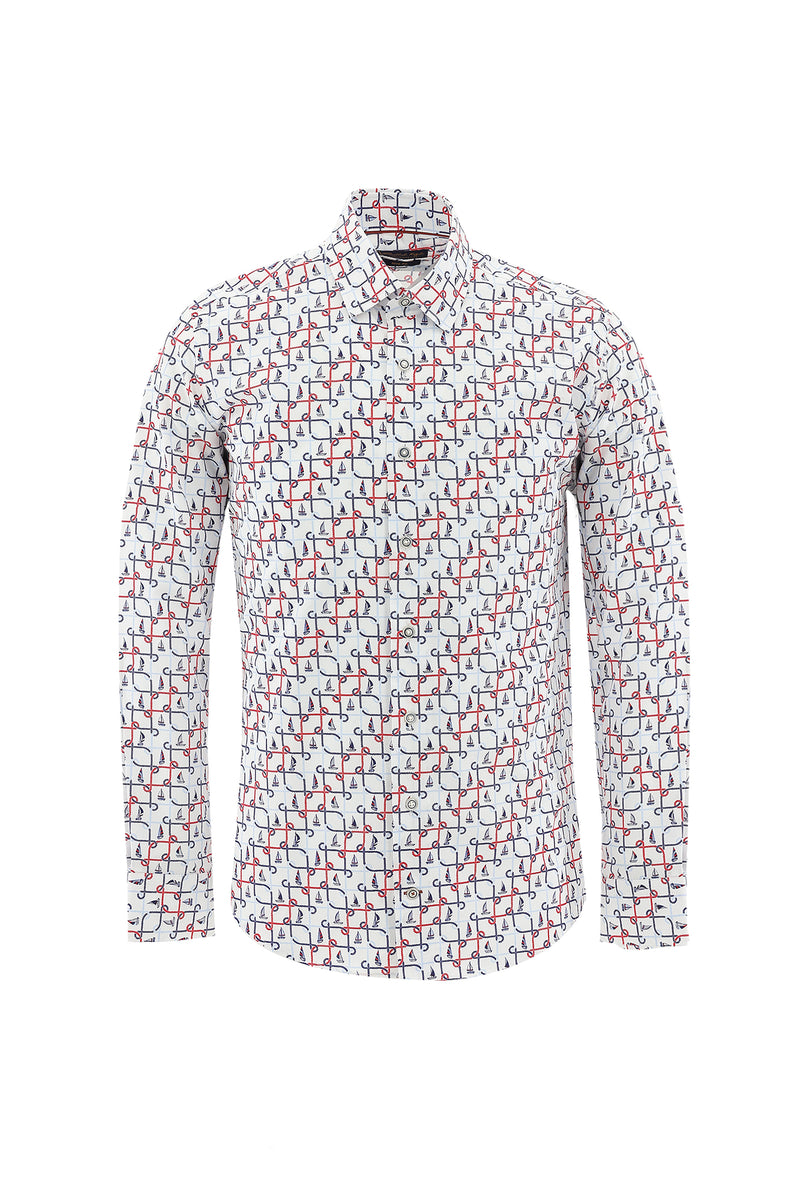 Beyaz Uzun Kol Baskılı Slim Fit Dar Kesim Pamuk Gömlek