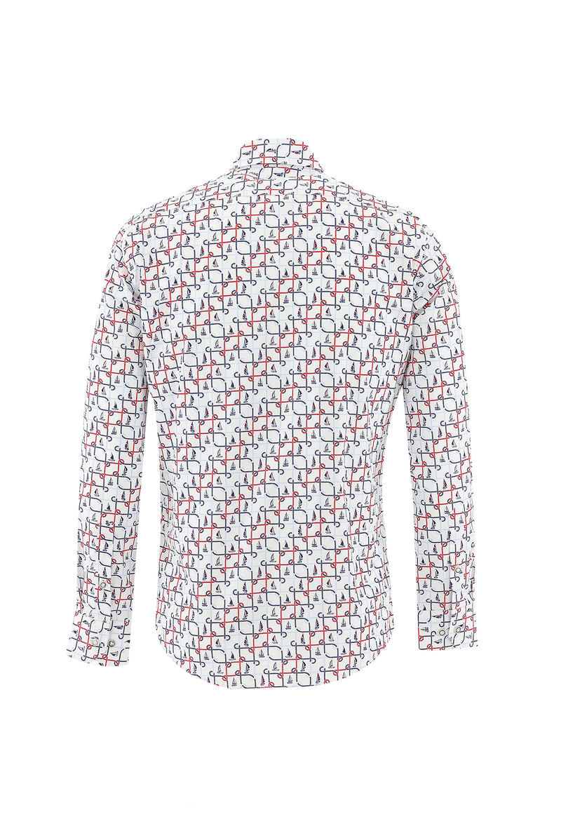 Beyaz Uzun Kol Baskılı Slim Fit Dar Kesim Pamuk Gömlek