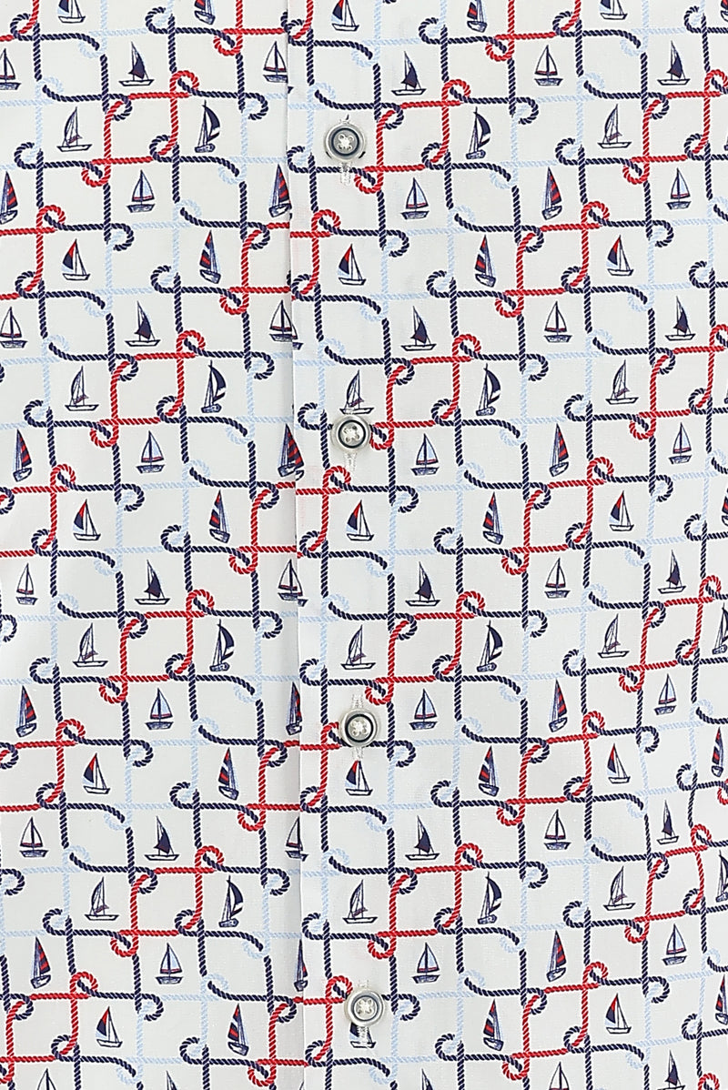 Beyaz Uzun Kol Baskılı Slim Fit Dar Kesim Pamuk Gömlek