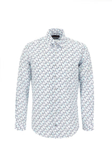 Kırık Beyaz Uzun Kol Baskılı Slim Fit Dar Kesim Pamuk Gömlek