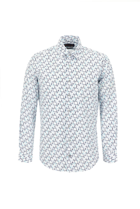 Kırık Beyaz Uzun Kol Baskılı Slim Fit Dar Kesim Pamuk Gömlek