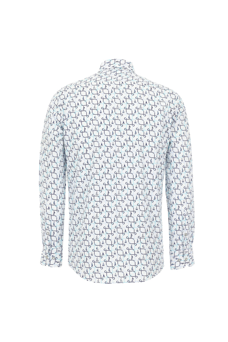 Kırık Beyaz Uzun Kol Baskılı Slim Fit Dar Kesim Pamuk Gömlek